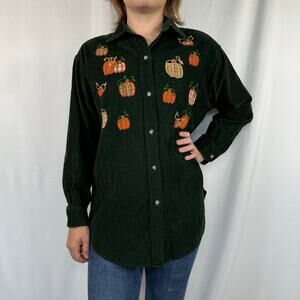 Vintage Mandal Bay Green Corduroy Button-Up Shirt with Pumpkins Size S/M